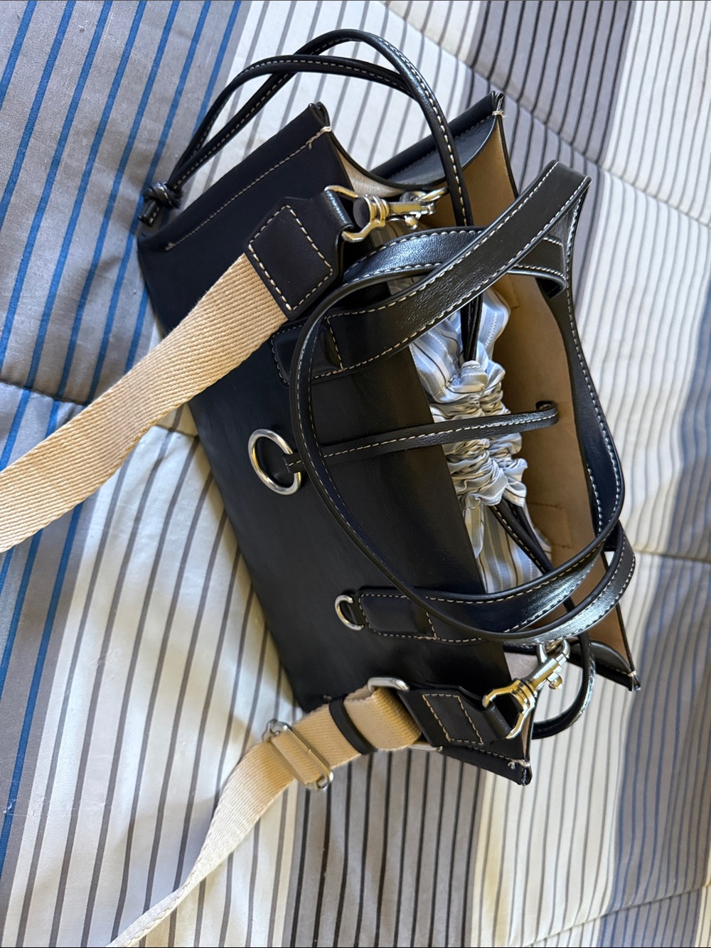 Zara Navy Shoulder Tote with Beige Strap